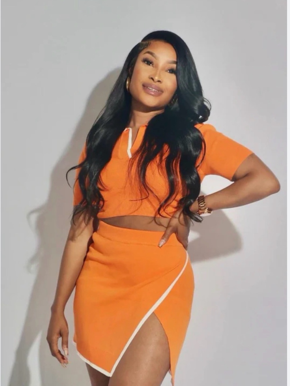 RIVIR Orange Knit 2 Piece Skirt Set Crop Polo Top Y2K Preppy Tennis Outfit - Picture 2 of 10